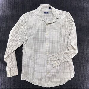 Izod Men's White and Navy Checked Button-Up Dress Shirt